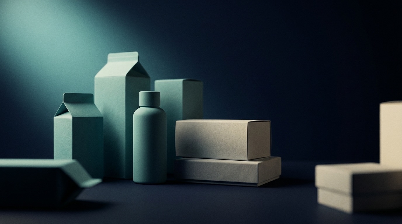 Studio still life of packaging forms — cartons, a matte bottle, stacked boxes — under a cool teal key light